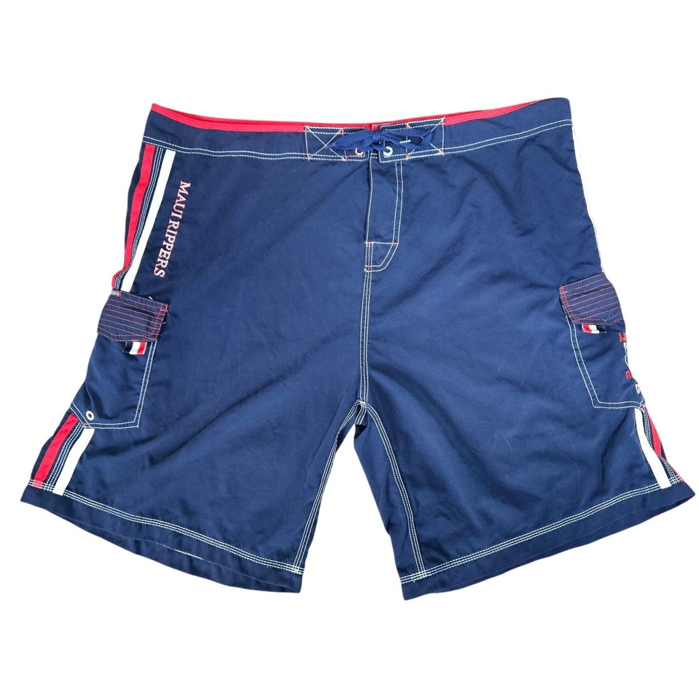Maui Rippers Mens Navy Blue Striped Board Shorts Swim Trunks Size 44 Hawaii